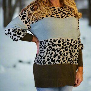 NWT Look Mode Leopard Print Colorblock Sweater In Green